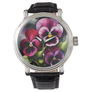 Montre Joli marron noir rouge pansies aquarelle peinture