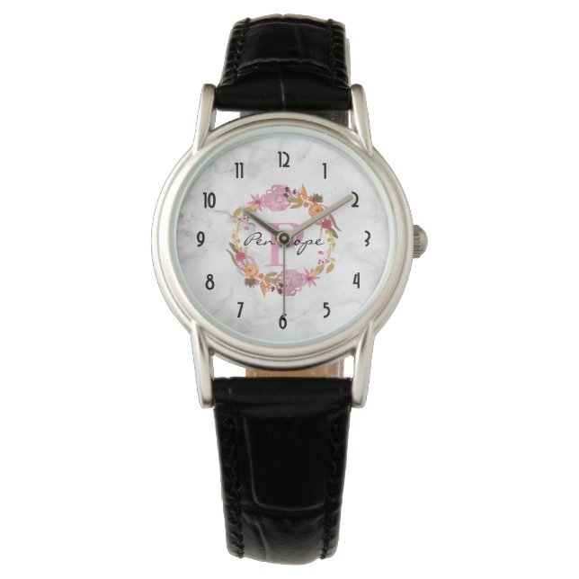 Montre Joli Monogramme de couronne de fleurs rose (devant)