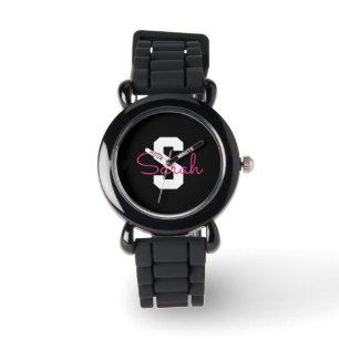 Montre Joli nom et monogramme Noir Blanc et Rose