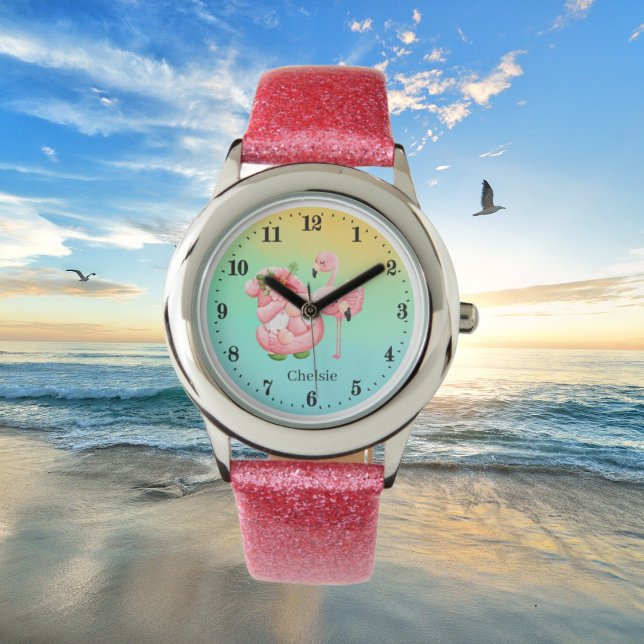 Montre jolie plage gnome rose flamingo ajouter nom enfant (Créateur téléchargé)