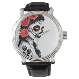 Montre Jour de la fille morte de crâne de sucre - blanc