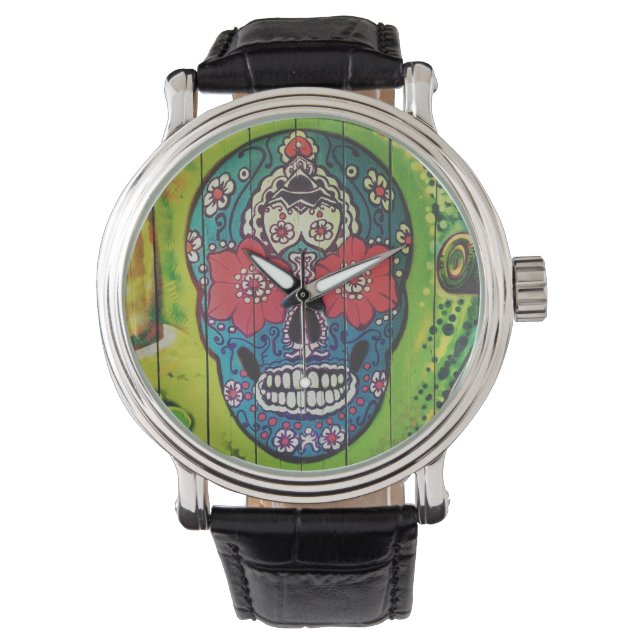 Montre Jour du crâne funky bleu et vert de sucre mort (devant)