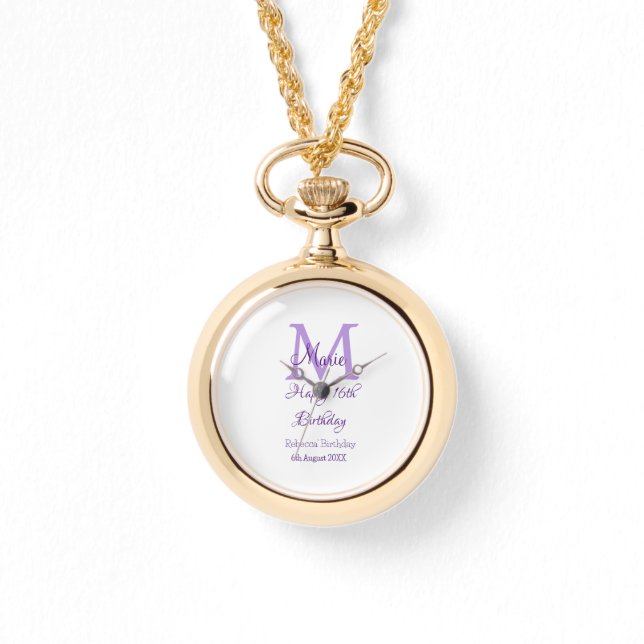 Montre Joyeux 16e anniversaire violet ajouter nom monogra (Recto)