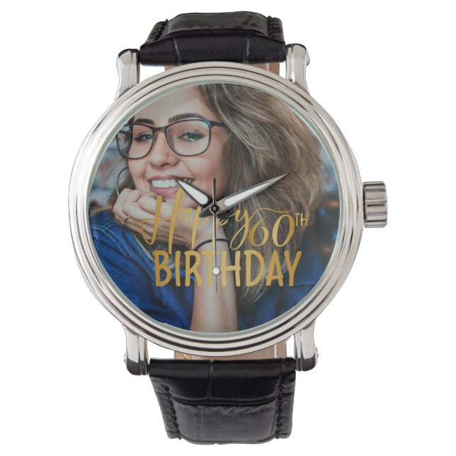 Montre Joyeux 60e anniversaire Script photo personnalisée (devant)