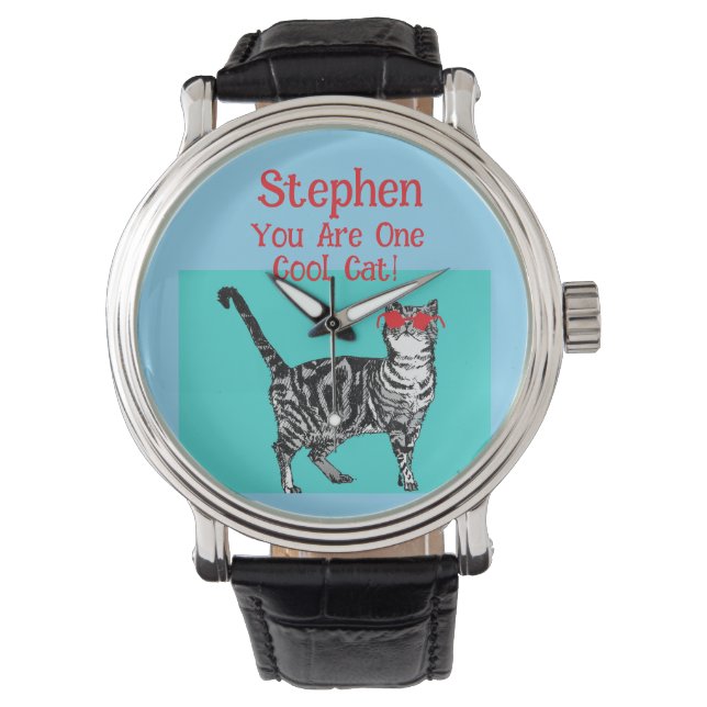 Montre Joyeux anniversaire Vous Cool Tabby Chat Mens Mari (devant)