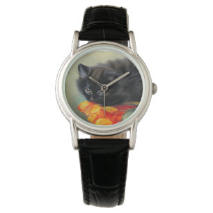 Montre Kitten noir vintage avec couverture de fleurs roug