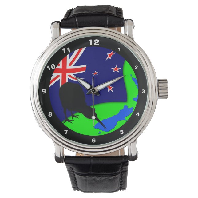 Montre Kiwi Bird & New Zealand Drapeau/Carte Art (Voir) (devant)