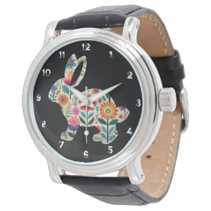Montre Lapin de Pâques Silhouette Fleurie sur Fond Noir