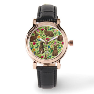 Montre Lapins et fleurs sauvages sur le vert miel