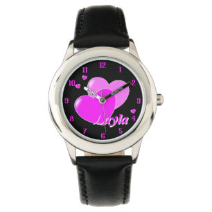 Montre Layla - Votre nom personnalisé Modèle Coeurs roses