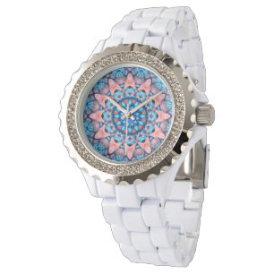 Montre Le kaléidoscope bleu vintage de fractale de bleus