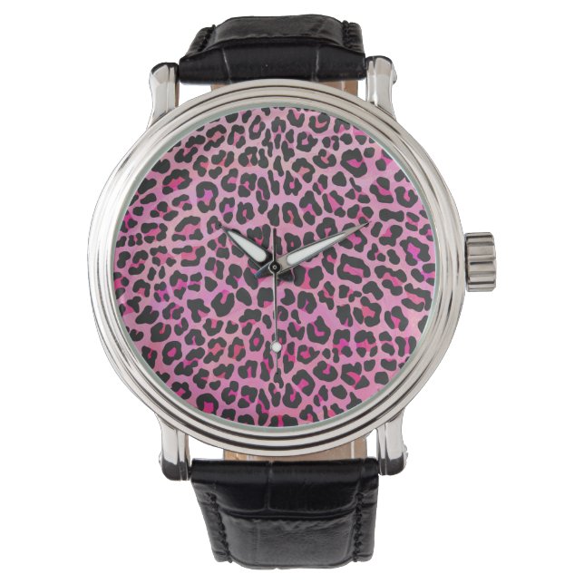Montre Léopard noir et rose chaud (devant)