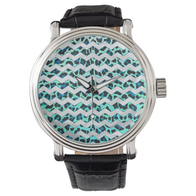 Montre Léopard noir et Turquoise (devant)