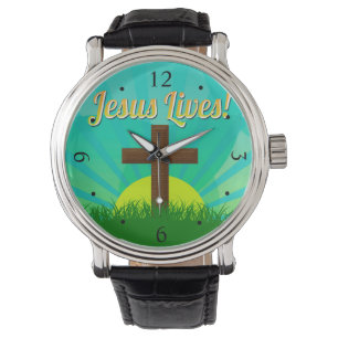 Montre Les vies de Jésus bleues/croix chrétienne Brown