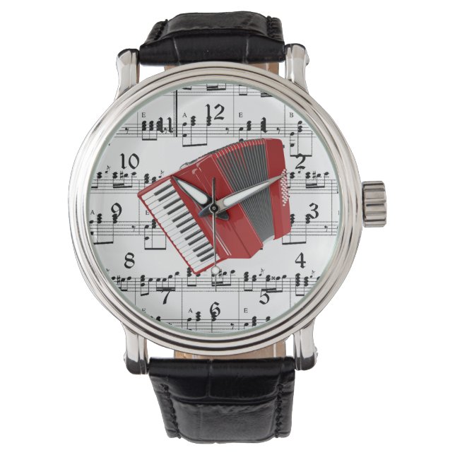 Montre Let's Polka, accordéon rouge sur partitions (devant)