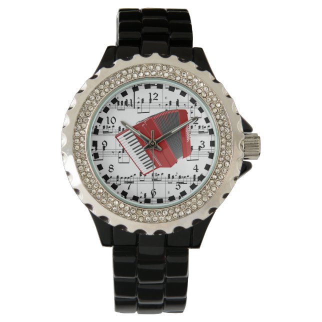 Montre Let's Polka, accordéon rouge sur partitions (devant)