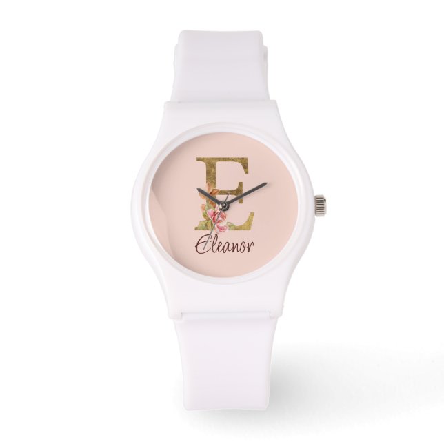 Montre Lettre de nom personnalisée E Rose rose feuille d' (Recto)