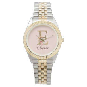 Montre Lettre de nom personnalisée E Roses roses blush fe