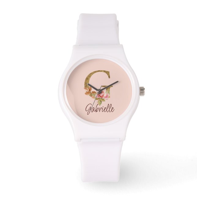 Montre Lettre de nom personnalisée G Rose rose blush feui (Recto)