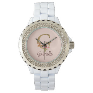 Montre Lettre de nom personnalisée G Roses roses blush en