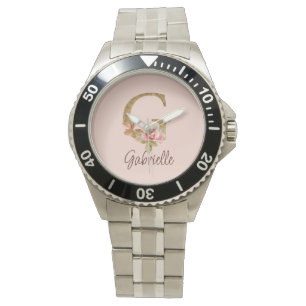 Montre Lettre de nom personnalisée G Roses roses blush en