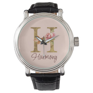 Montre Lettre de nom personnalisée H Roses roses blush fe