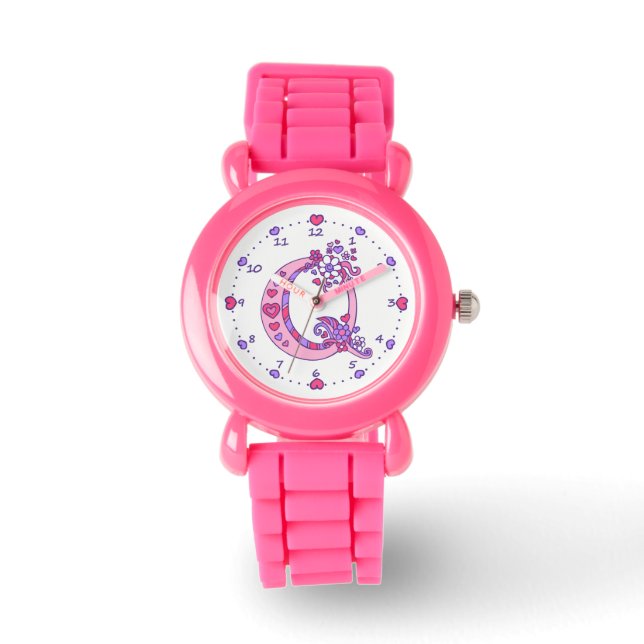 Montre Lettre Q rose monogramme fille personnalisée regar (Recto)