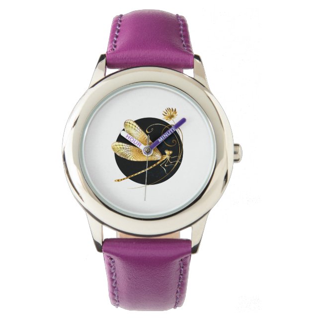 Montre libellule d'or en cercle noir (devant)