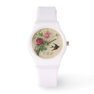 Montre Libellule florale élégante d'oiseau de roses de