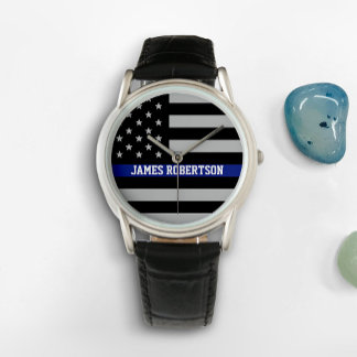Montre Ligne Bleue Mince - Drapeau Américain Personnalisé