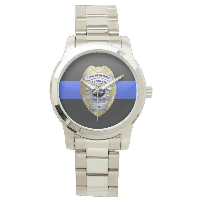 Montre Ligne Bleue Mince Drôle Insigne de police retraité (devant)