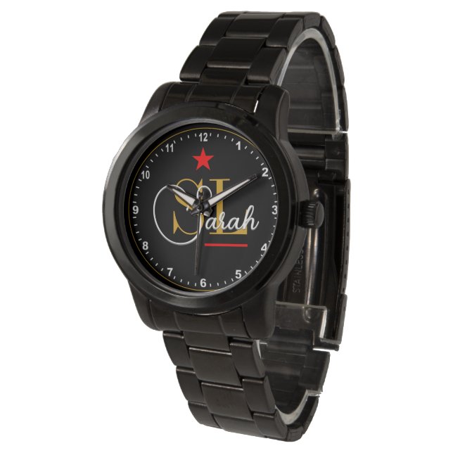 Montre Ligne rouge mince - Nom et signature monogrammes (Incliné)