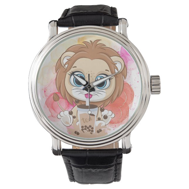 Montre Lion citation dessin animé boire du thé bobba. (devant)
