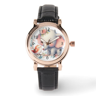 Montre Livre d'histoire Bois Bébés Eléphant et oiseau