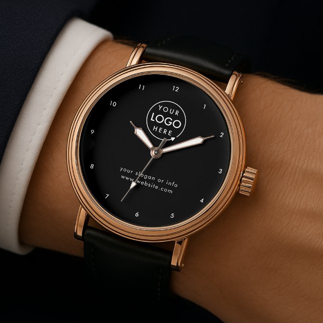 Montre Logo d'entreprise | Entreprise professionnelle noi (Sleek black company branded watches for small business gifting, employees & promotional swag.)
