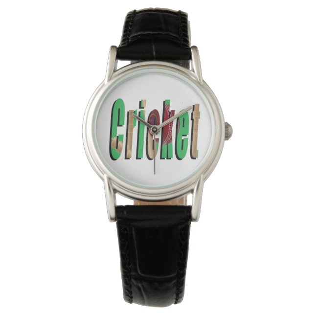 Montre Logo du jeu de cricket, Femmes Black Leather Watch (devant)