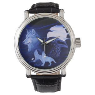 Montre Loup et corbeau avec pleine lune