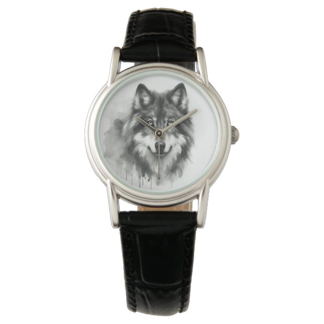 Montre Loup gris majestueux étonnant Aquarelle Faune (devant)