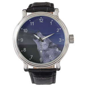 Montre Loup hurlant sur la lune dans la mer