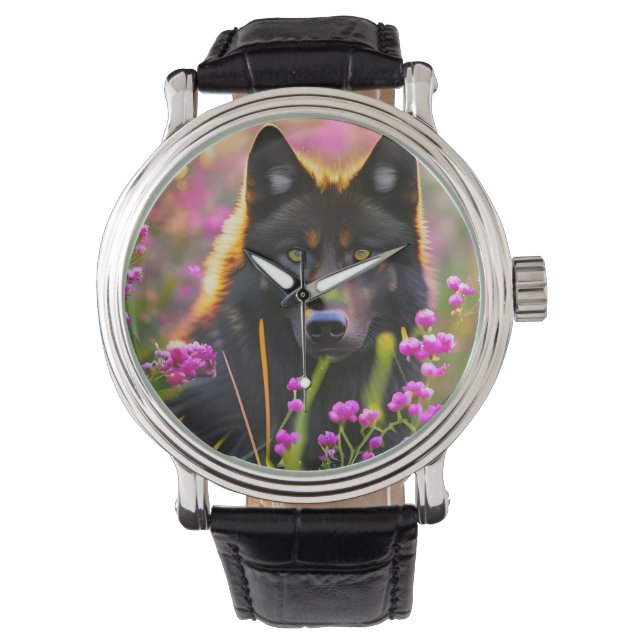Montre loup noir en fleurs roses (devant)
