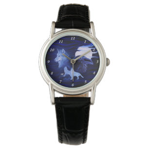 Montre Loups et corbeau avec pleine lune