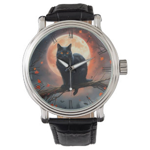 Montre Lune de chat noir d'Halloween effrayant,