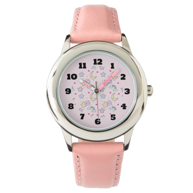 Montre Lune, étoiles et nuages Motif sur Pastel Pink (devant)