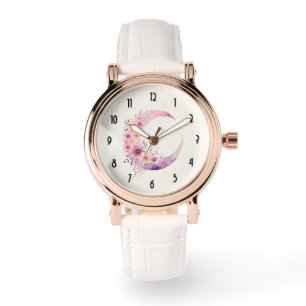 Montre Lune rose Croissant avec de jolies fleurs