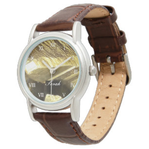 Montre Luxe féminine en or et cuir marron personnalisé