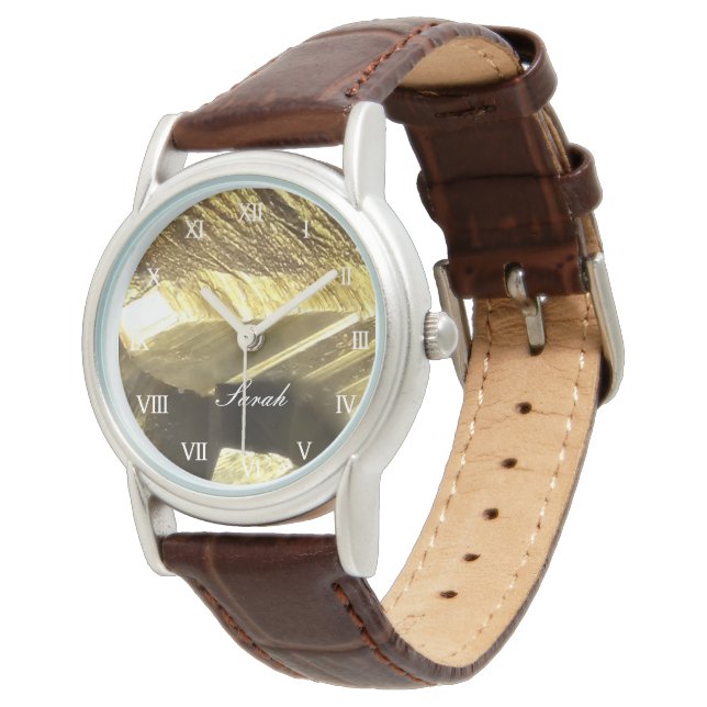 Montre Luxe féminine en or et cuir marron personnalisé (Incliné)