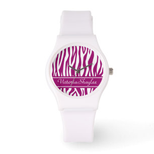 Montre Magenta Zebra Impression avec texte personnalisé