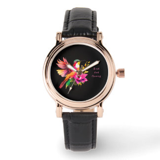 Montre Magnifique motif d'oiseau et de fleurs, moderne