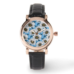 Montre Maisonnettes, fleurs sauvages sur bleu