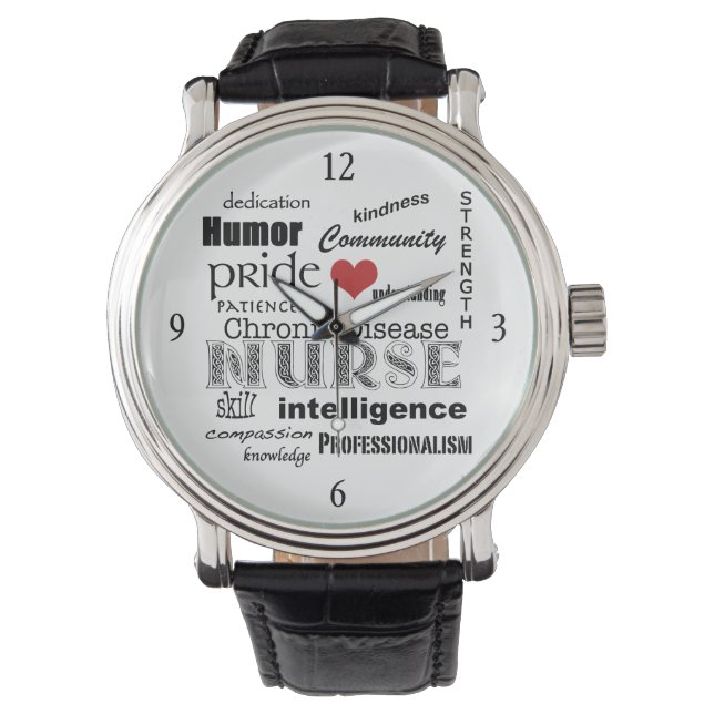 Montre Maladie chronique Infirmière-Mot Cloud+Coeur rouge (devant)